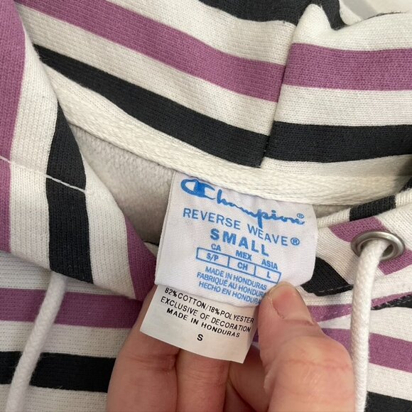 CHAMPION Life Reverse Weave Print Hoodie White Purple Gray Striped Colorblock S - Picture 6 of 16